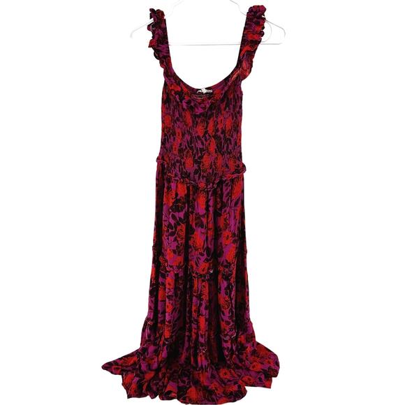 Anthro Abel the Label Reign Maxi Dress Floral Smocked Tiered Red Purple S - Picture 2 of 6
